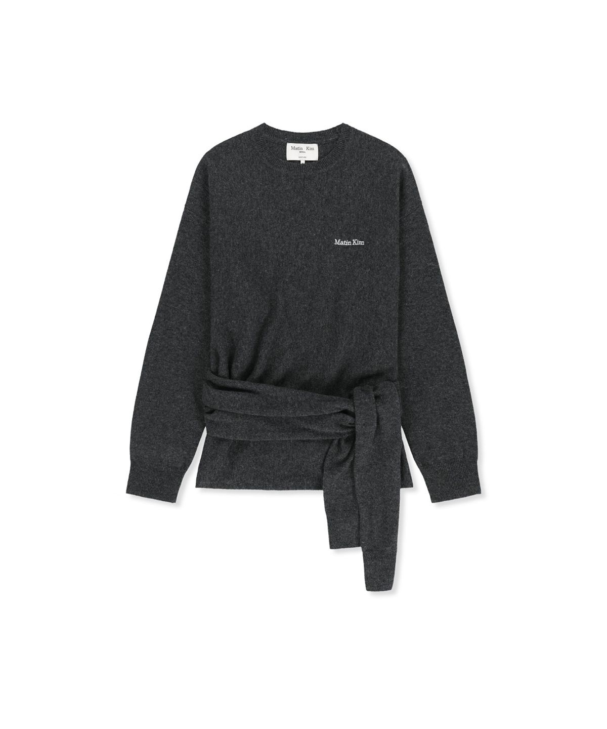 마뗑킴(MATIN KIM) WRAP TIE KNIT PULLOVER IN CHARCOAL