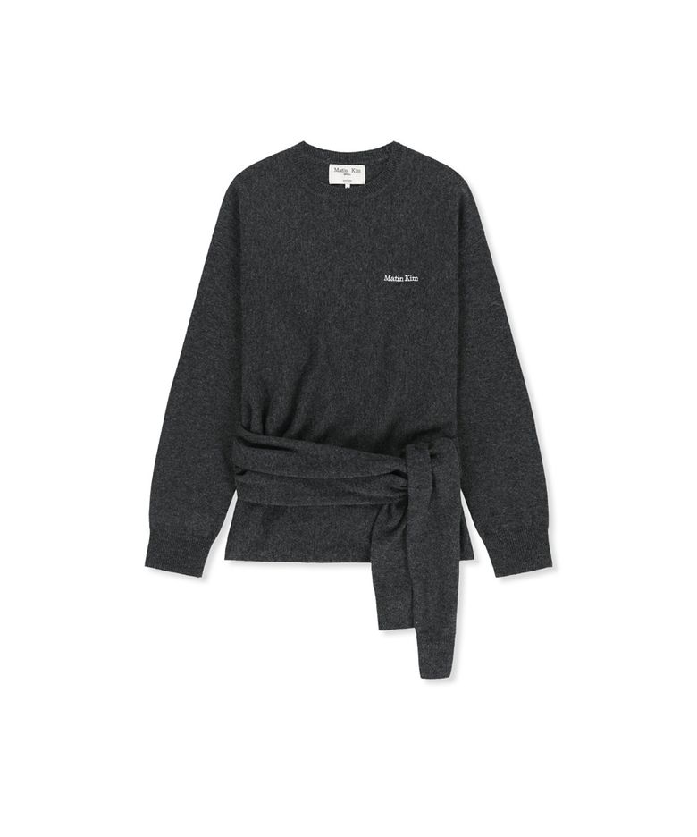 WRAP TIE KNIT PULLOVER IN CHARCOAL