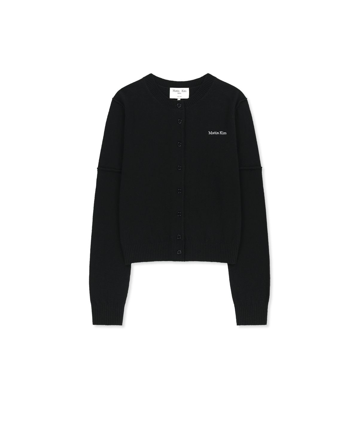 마뗑킴(MATIN KIM) CASHMERE BLENDED CUTLINE ROUND CARDIGAN IN BLACK