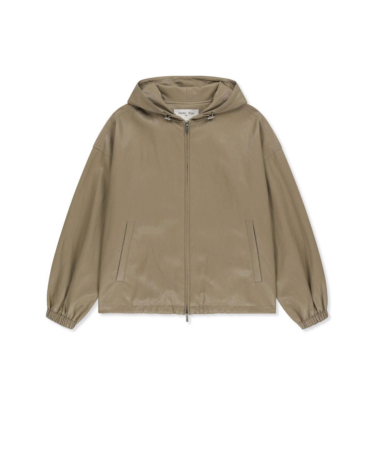 마뗑킴(MATIN KIM) FAUX LEATHER APPLIQUE LOGO HOODY JUMPER IN BEIGE