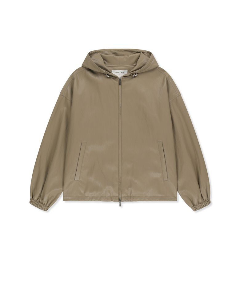 FAUX LEATHER APPLIQUE LOGO HOODY JUMPER IN BEIGE