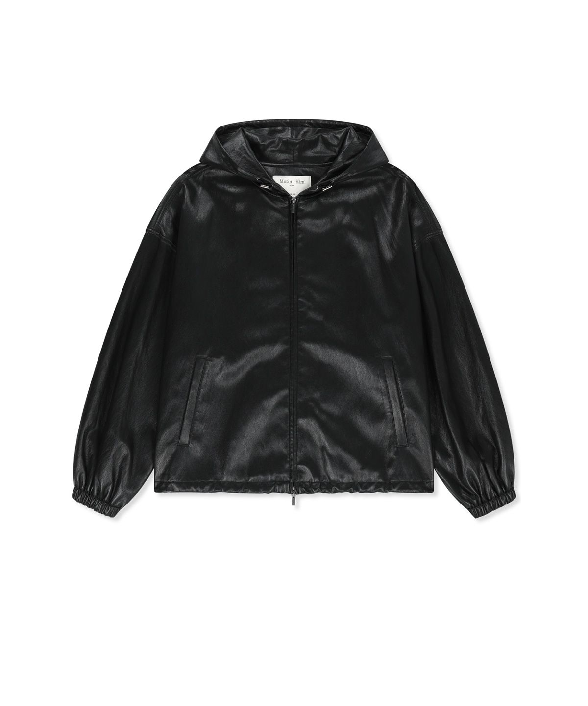 마뗑킴(MATIN KIM) FAUX LEATHER APPLIQUE LOGO HOODY JUMPER IN BLACK