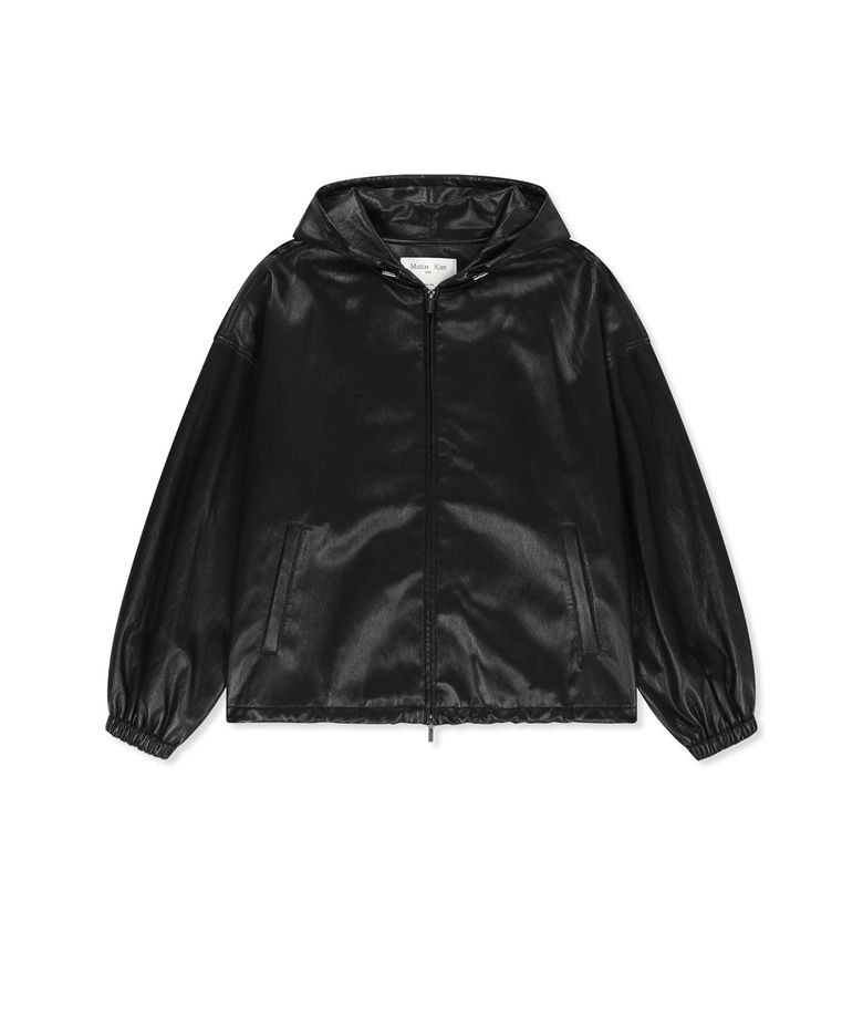 FAUX LEATHER APPLIQUE LOGO HOODY JUMPER IN BLACK