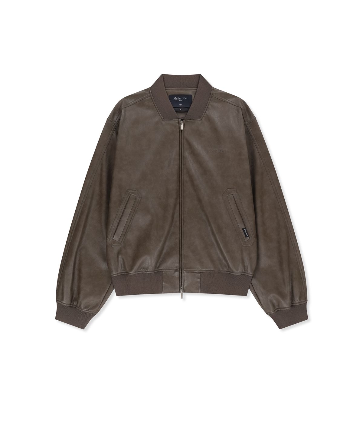 마뗑킴(MATIN KIM) FAUX LEATHER RIB COLLAR BLOUSON FOR MEN IN BROWN
