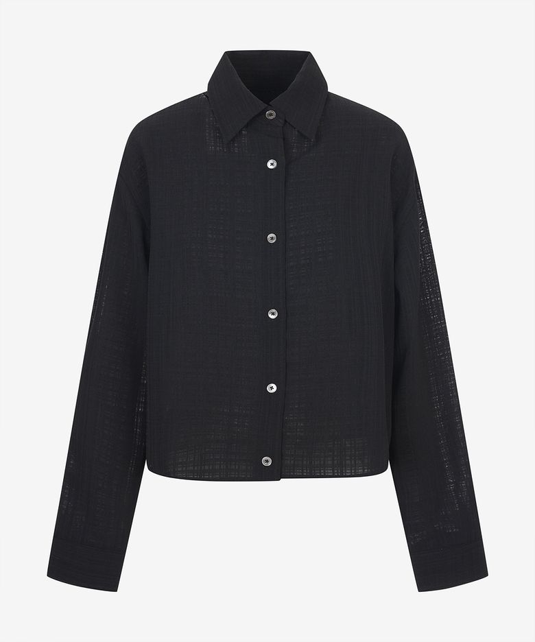 [Women] Seer check pattern long sleeve crop shirt (PMBAB5411)