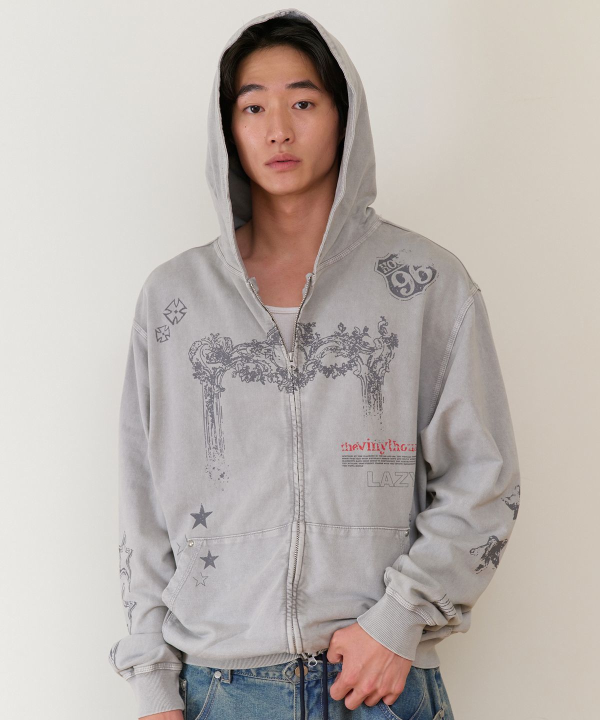 더바이닐하우스(THEVINYLHOUSE) RODEO WASHED HOODIE ZIP-UP GREY
