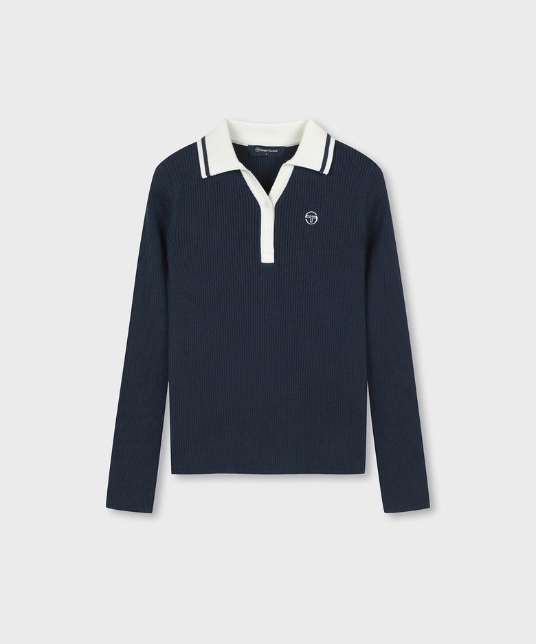 W 카라 배색 슬림 스웨터 폴로 (Navy)