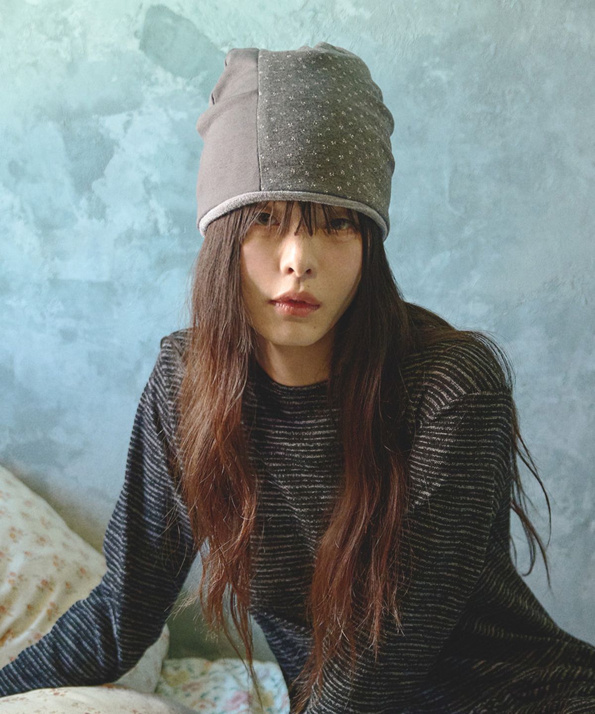 미헤브(MIHEV) 리버시블 레이어드 니트 비니 그레이