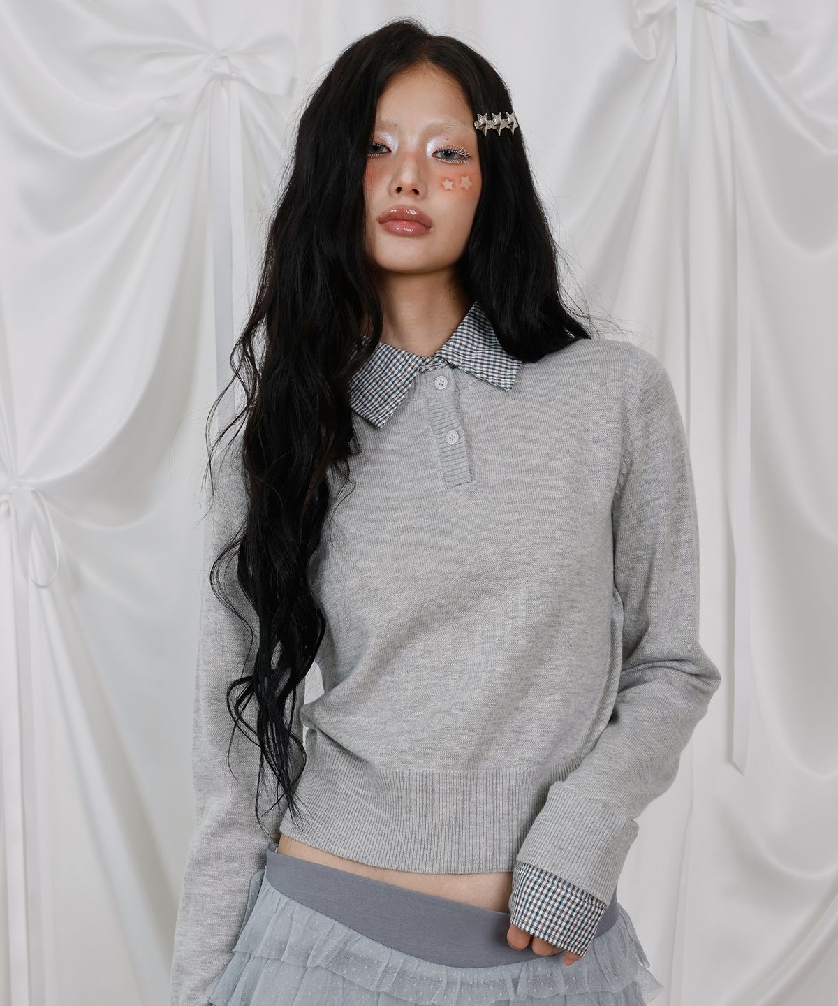 엘엠알(LMR) 체크 레이어드 배색 헨리넥 스웨터 LIGHT GREY