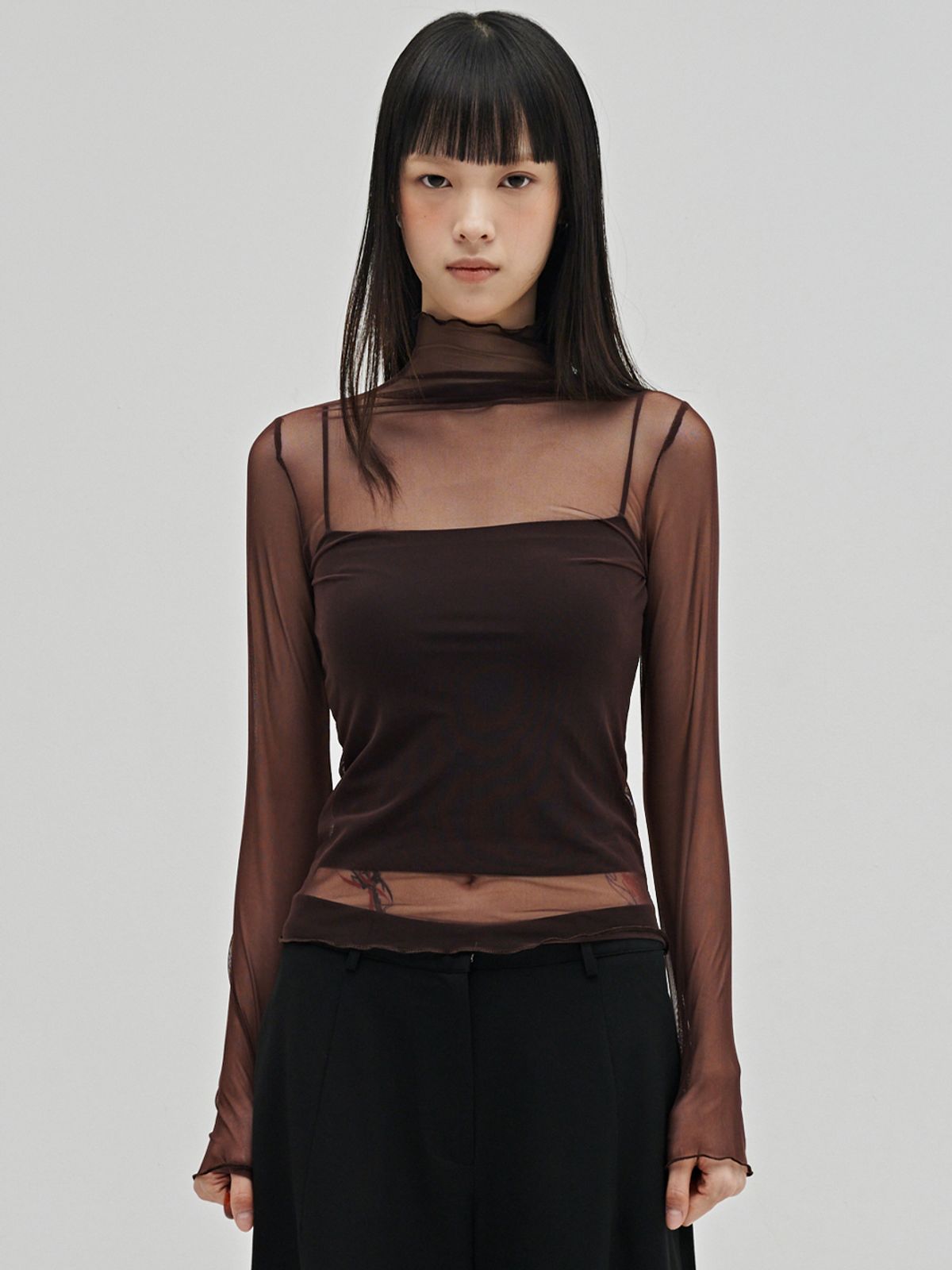 누브(NOUVE) 시어 하이넥 롱슬리브 티셔츠 - 버건디 / Sheer High Neck Long Sleeve T-Shirt - Burgundy