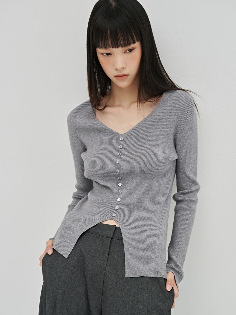 소프트 브이넥 버튼 니트 - 멜란지 그레이 / Soft V-Neck Button Knit - M.Gray