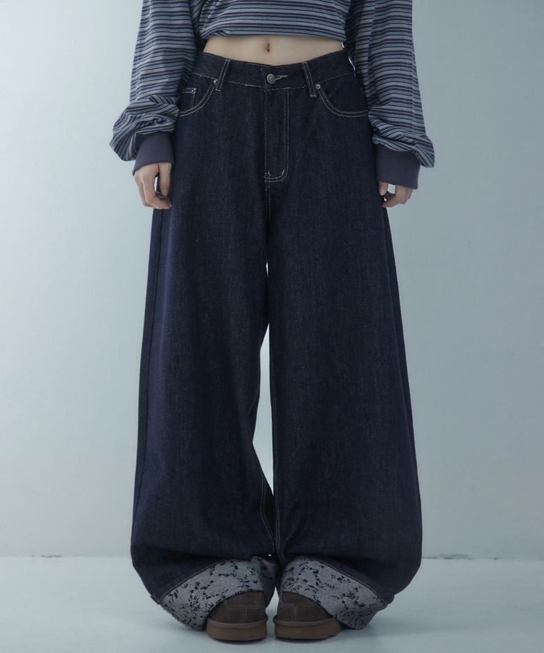 플라워 롤업 백포켓 데님 와이드 롱팬츠 네이비