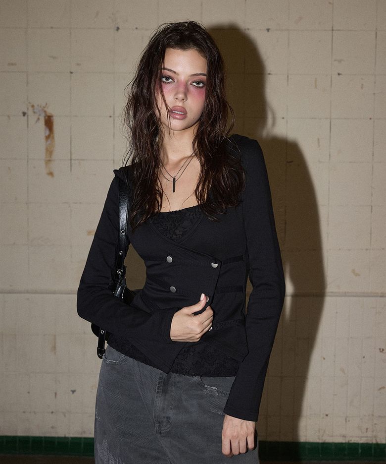 Double Button Layered Hoodie Jersey Cardigan (Black) / 26FWKC003BK