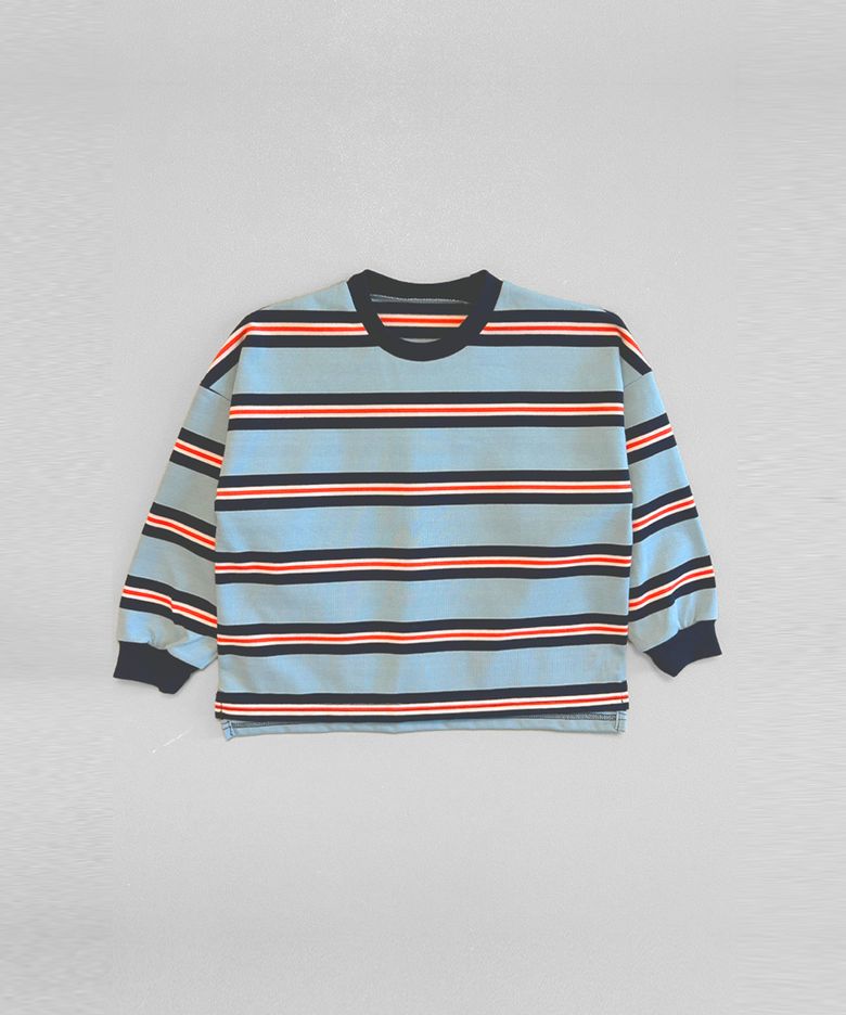 DODO BASIC Oversized Stripe T Shirt (Navy/Cerulean Blue)_키즈긴팔티