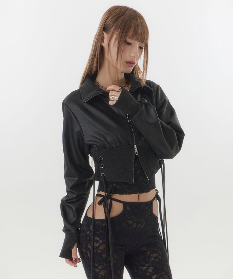 사이드 레이스업 하이넥 크롭 집업 애쉬 블랙