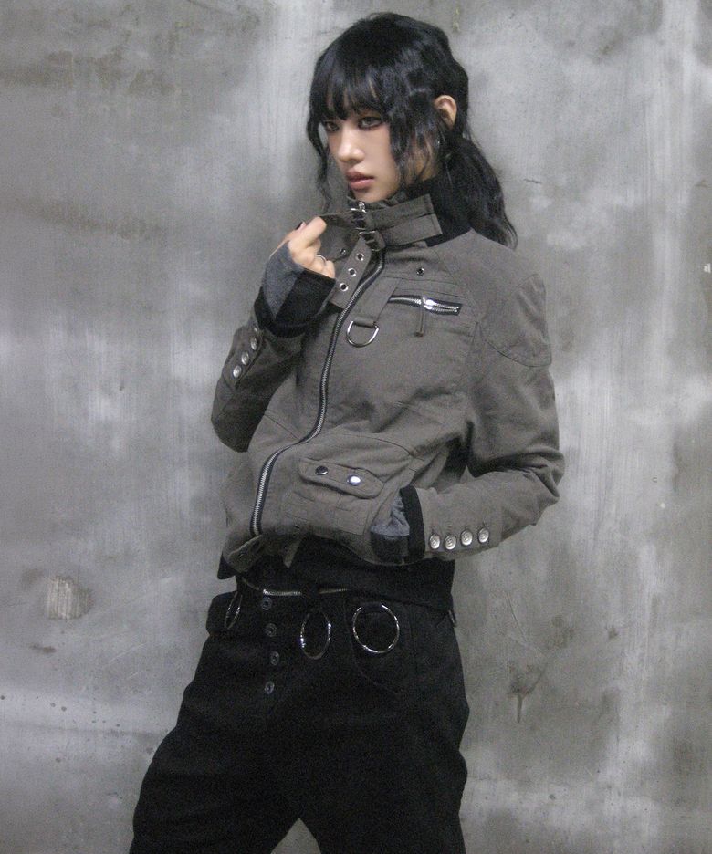[유빈 PICK] GJ118 캐시 Y2K 테크니컬 빈티지 립 크롭 자켓 (CHARCOAL GRAY)