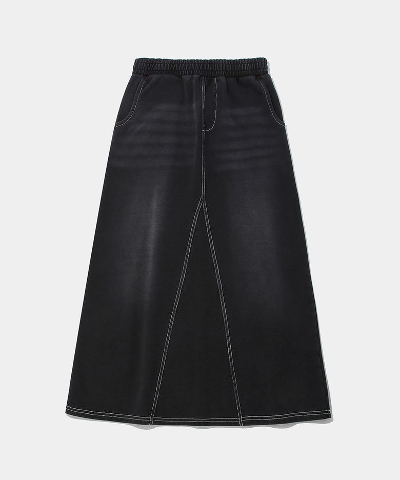 CAT WASHED DENIM TERRY A-LINE SKIRT_BLACK DENIM