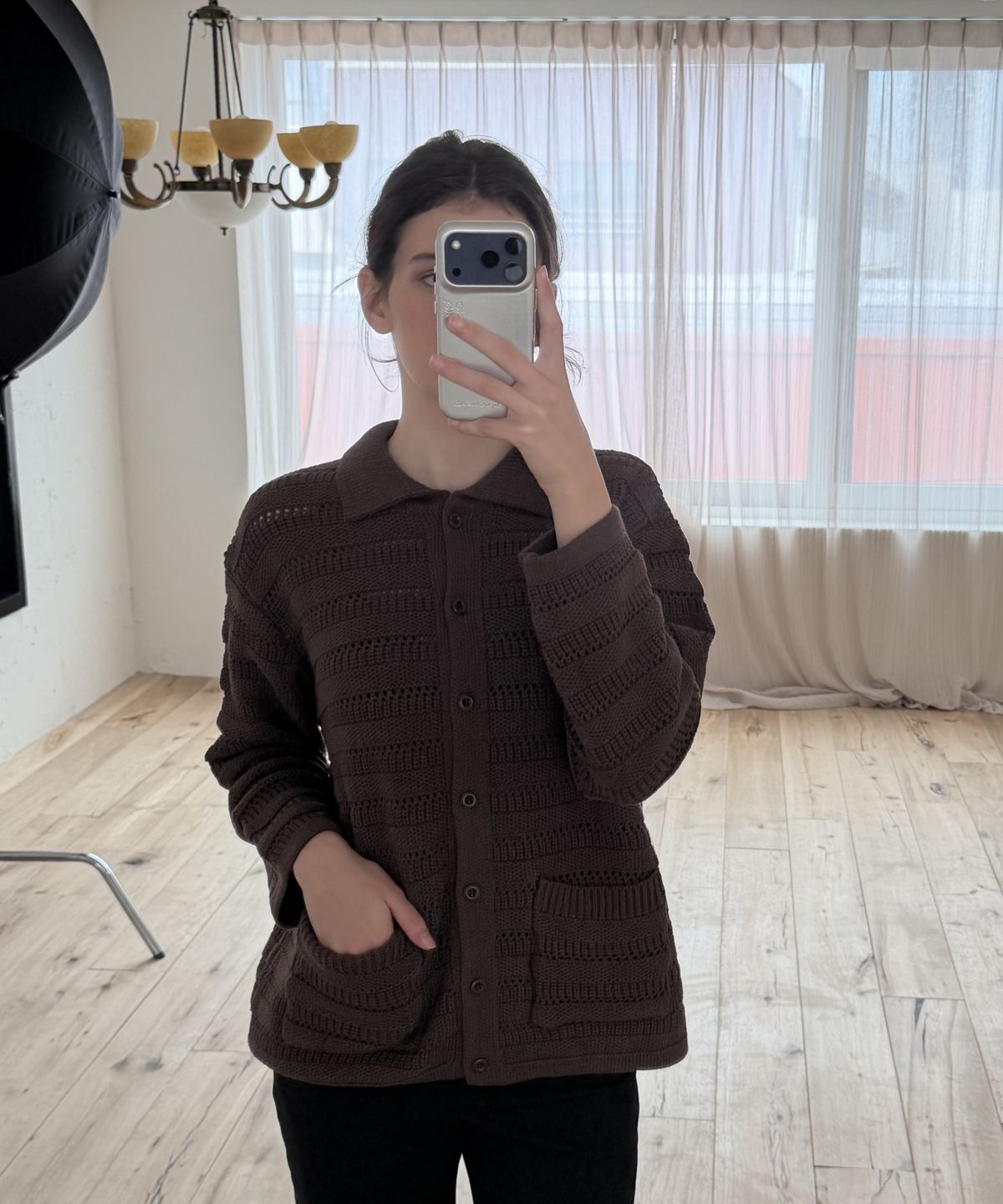 위오이(WIOE) Cotton Collar Button Cardigan_Brown