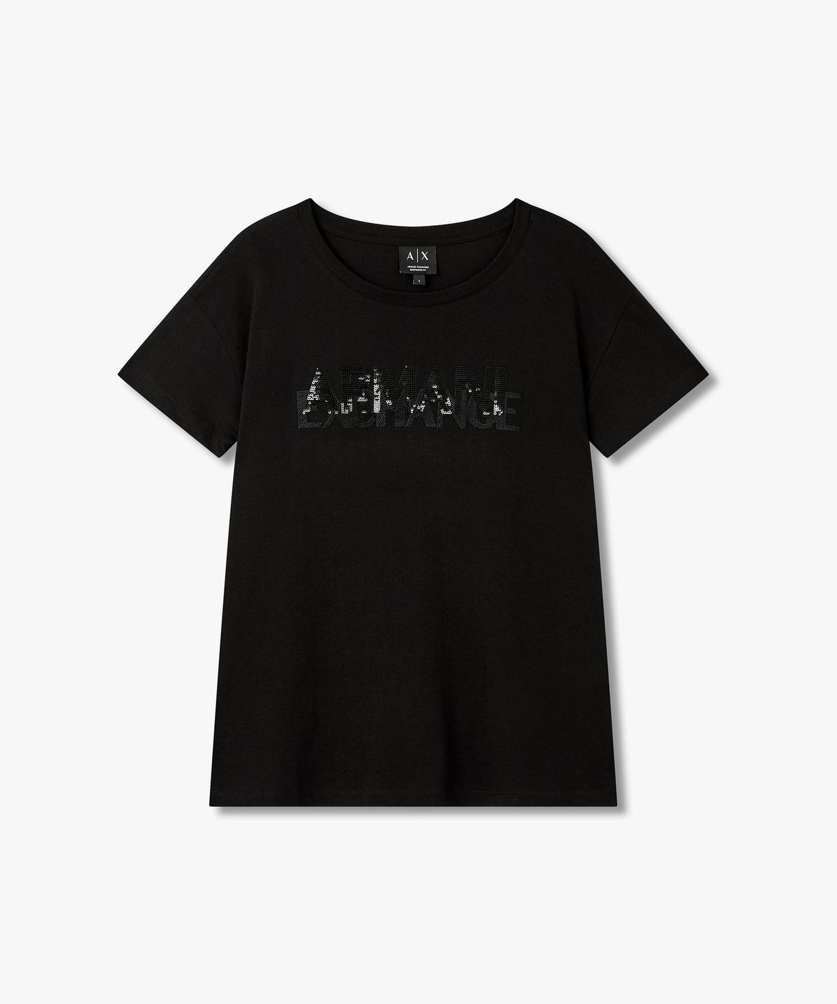 아르마니 익스체인지(ARMANI EXCHANGE) 여성 스팽글 로고 티셔츠_블랙 A426330507