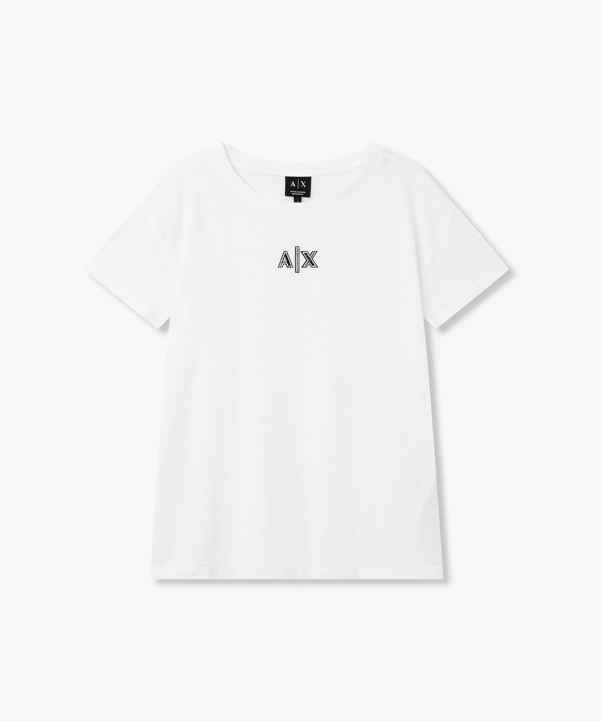 아르마니 익스체인지(ARMANI EXCHANGE) 여성 라인스톤 로고 티셔츠_화이트 A426330506