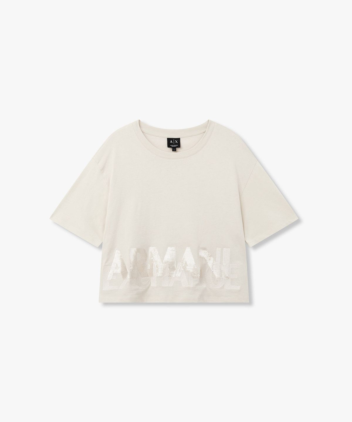아르마니 익스체인지(ARMANI EXCHANGE) 여성 빅 스팽글 로고 티셔츠_라이트 베이지 A426330503
