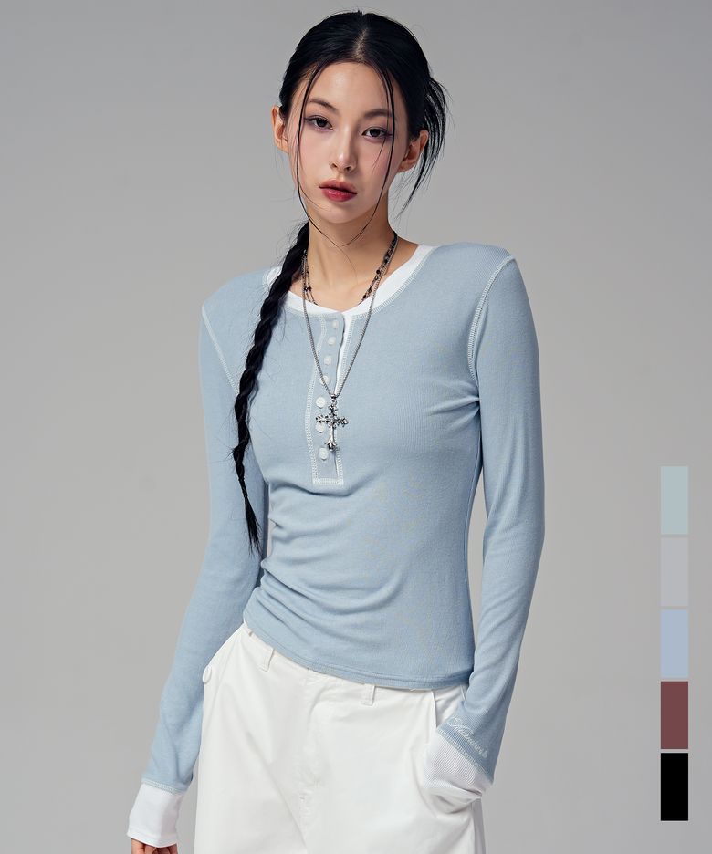 틸다 커버스티치 하프 버튼 티_5Colors