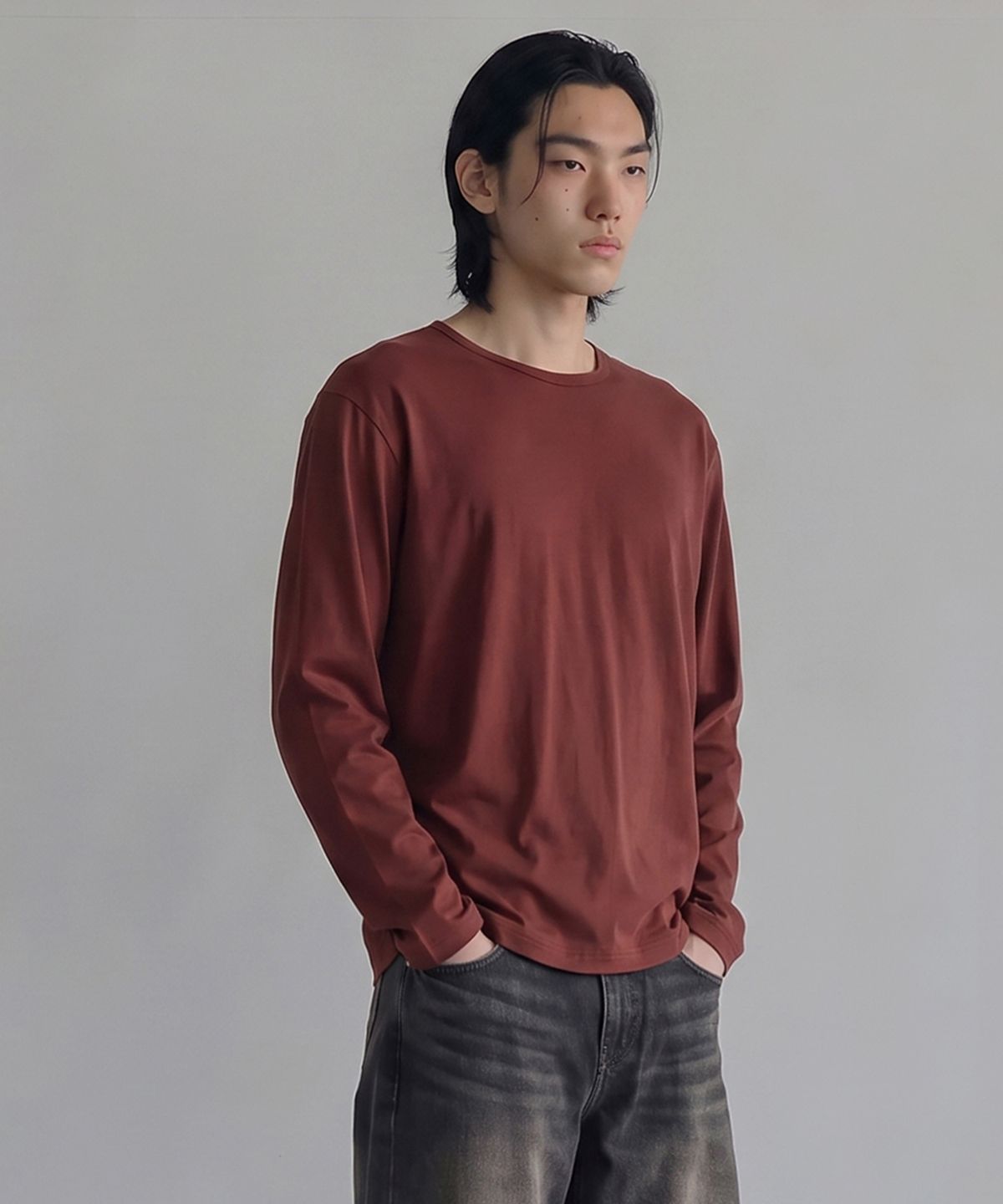 피인오(P.IN.O) 소프트 레이어드 모달 롱 슬리브 - 버건디