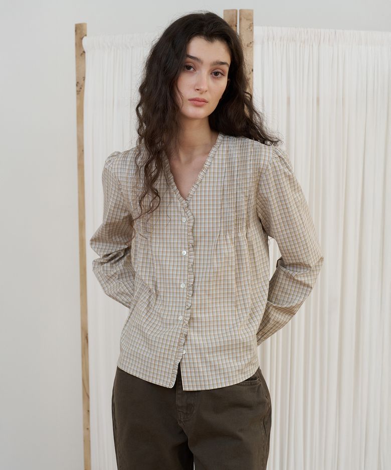 FRAME FRILL BLOUSE_check beige