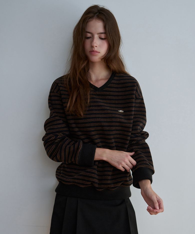브러시드 브이넥 스트라이프 롱슬리브_Brown