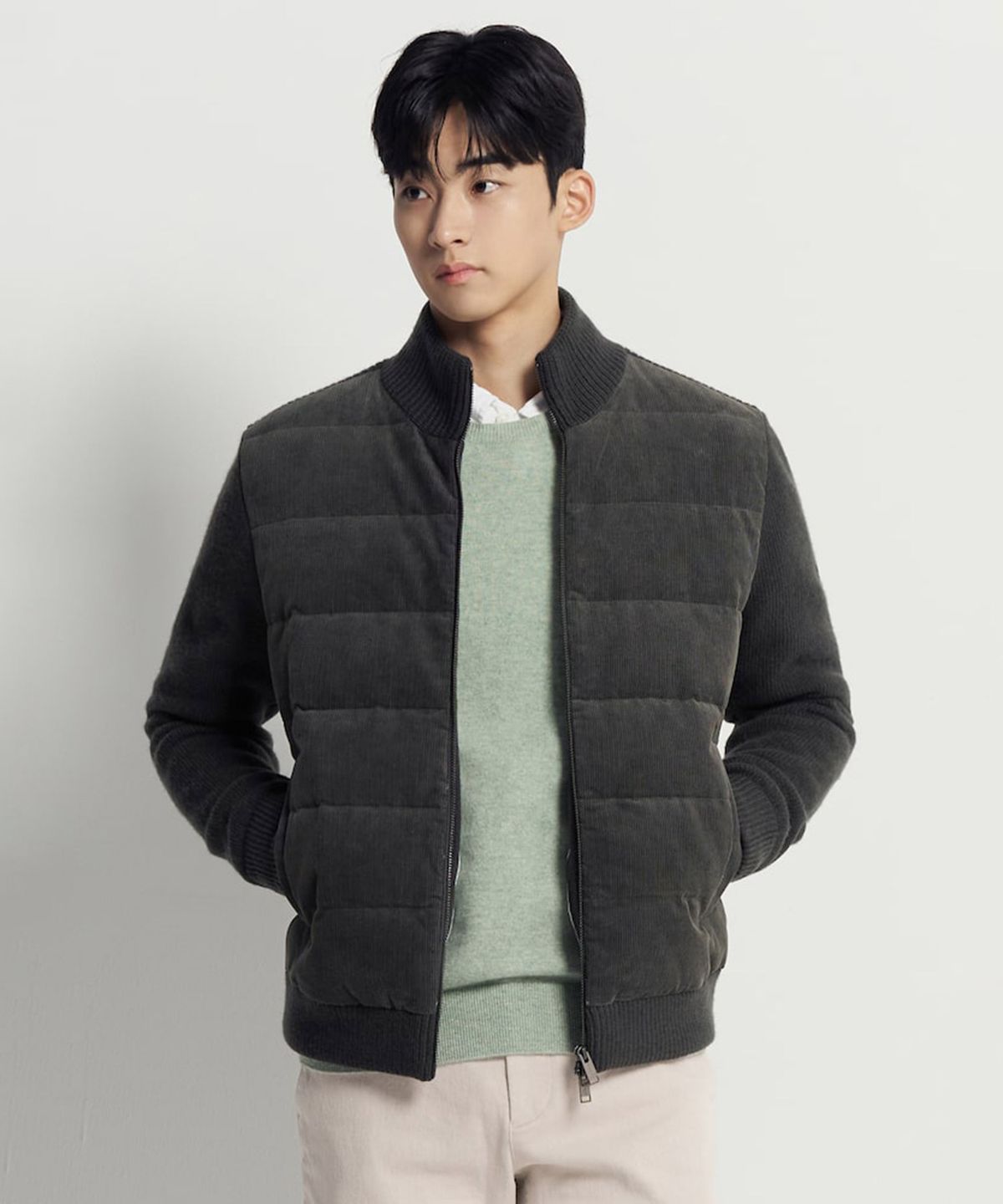 빈폴 멘(BEANPOLE MEN) 코듀로이 믹스 라이트다운 카디건  애쉬