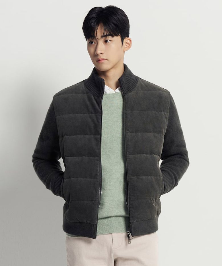 코듀로이 믹스 라이트다운 카디건  애쉬