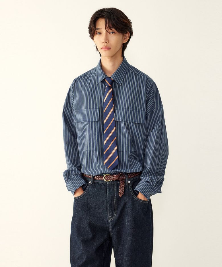 [MEN] 스트라이프 투 포켓 셔츠 _다크 블루_9156321833