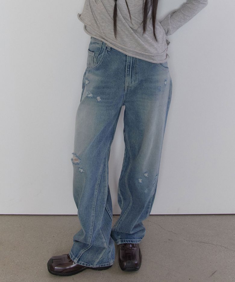 Distressed Panel Denim Pants [Blue]