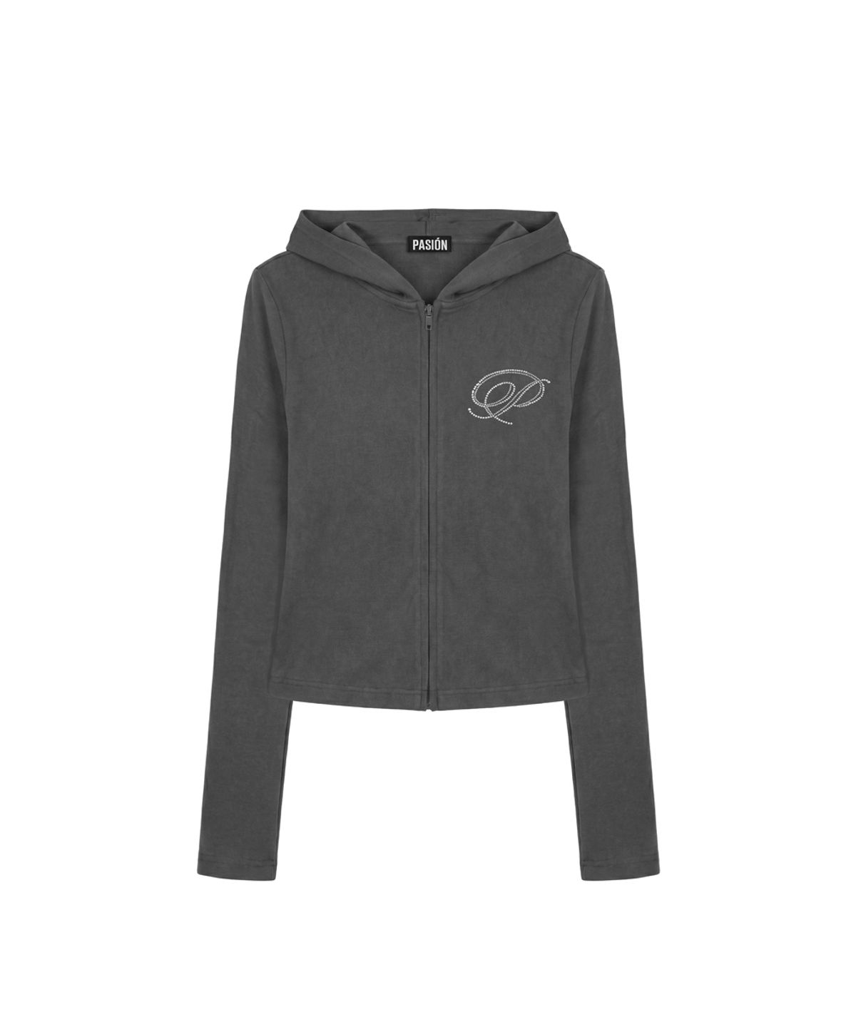 파시온(PASION) 슬림 크리스탈 글램 후드집업_그레이 Slim Crystal Glam Hoodie Zip-Up_Gray
