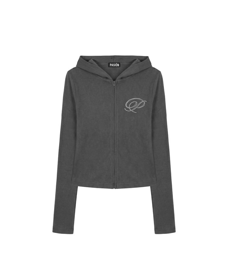 슬림 크리스탈 글램 후드집업_그레이 Slim Crystal Glam Hoodie Zip-Up_Gray