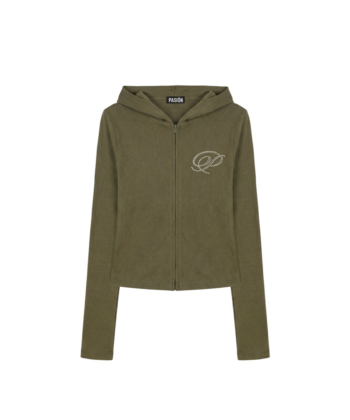 파시온(PASION) 슬림 크리스탈 글램 후드집업_카키 Slim Crystal Glam Hoodie Zip-Up_Khaki