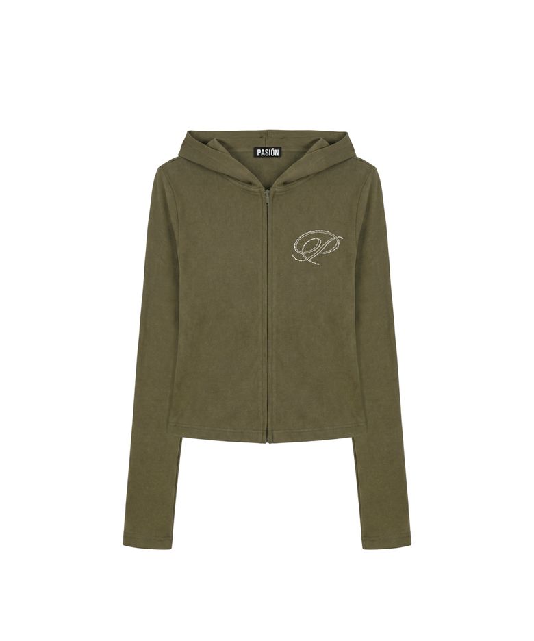슬림 크리스탈 글램 후드집업_카키 Slim Crystal Glam Hoodie Zip-Up_Khaki