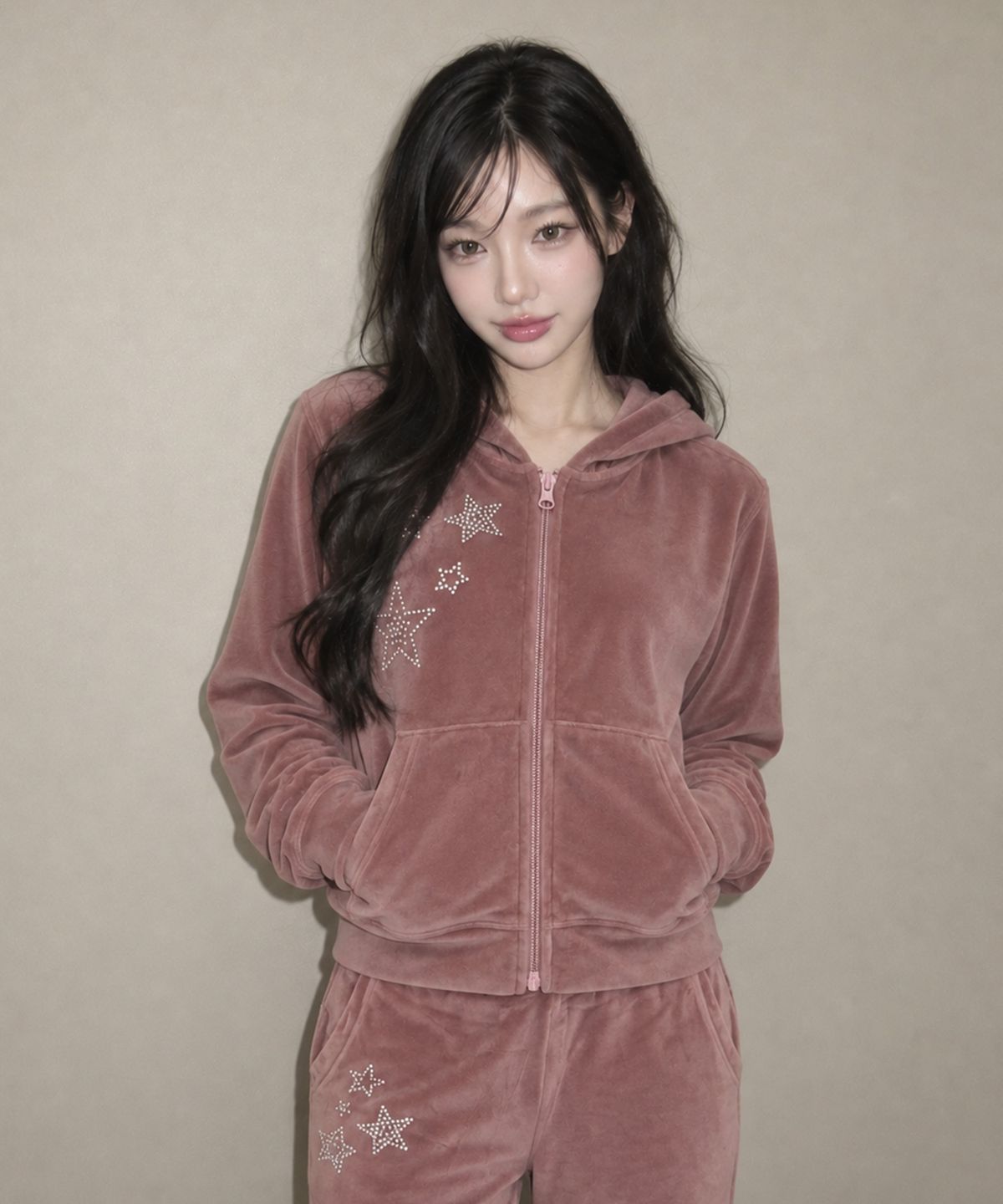 모즈모즈(MOZMOZ) 2color 스타 핫픽스 벨벳 크롭 후드집업