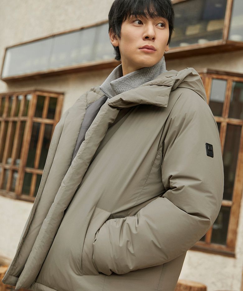 Etoffe (에토프) 남성 캐시미어 블렌드 후드 다운 자켓_Grayish BEIGE