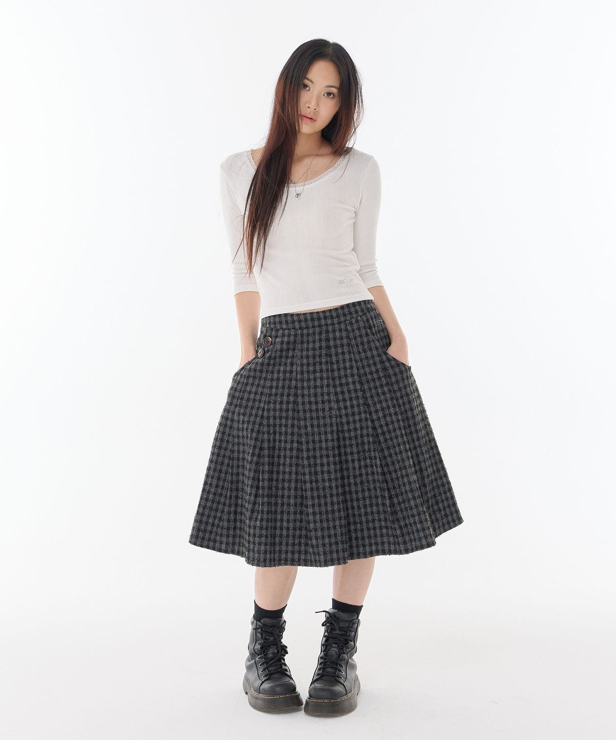 애즈온(ASON) CHECK FOND PLEATED MIDI SKIRT / CHARCOAL