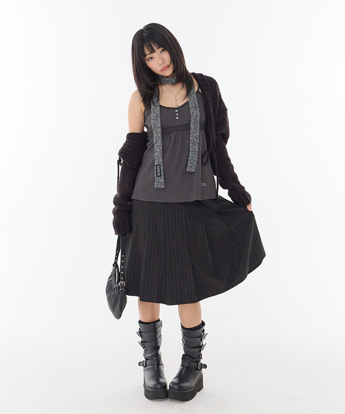애즈온(ASON) STRIPE FOND PLEATED MIDI SKIRT / BLACK