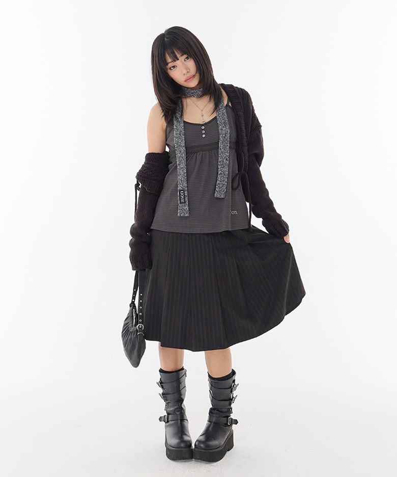STRIPE FOND PLEATED MIDI SKIRT / BLACK