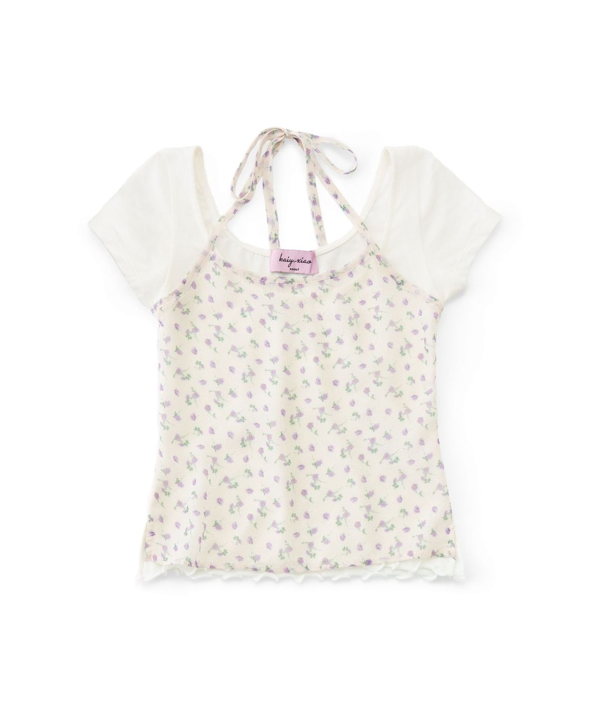 카이 샤오(KAIY XIAO) Hanging Neck Tie Two piece Layered Short sleeved Top in purple rose