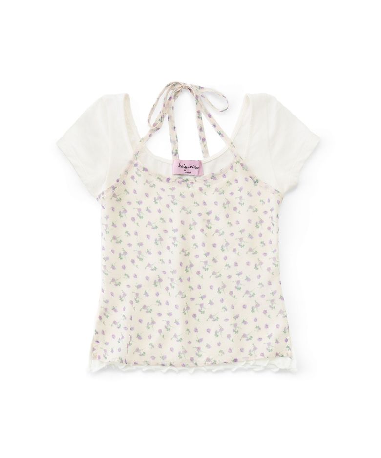 Hanging Neck Tie Two piece Layered Short sleeved Top in purple rose