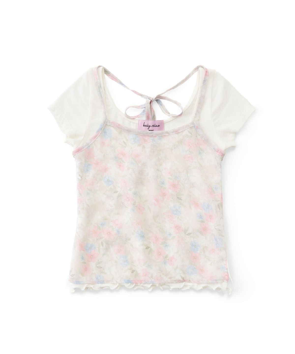 카이 샤오(KAIY XIAO) Hanging Neck Tie Two piece Layered Short sleeved Top in floral ocean