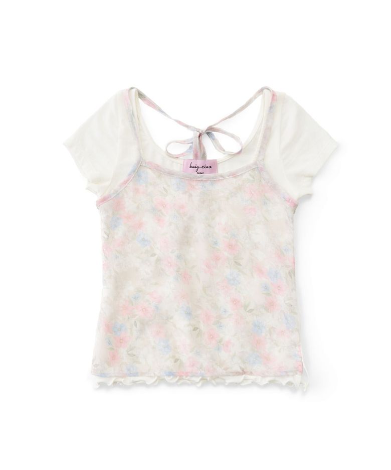 Hanging Neck Tie Two piece Layered Short sleeved Top in floral ocean