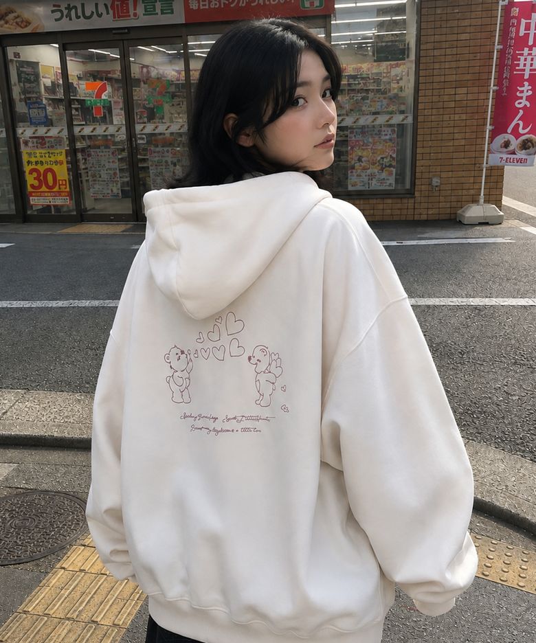 러빙 베어 자수 후드티 크림