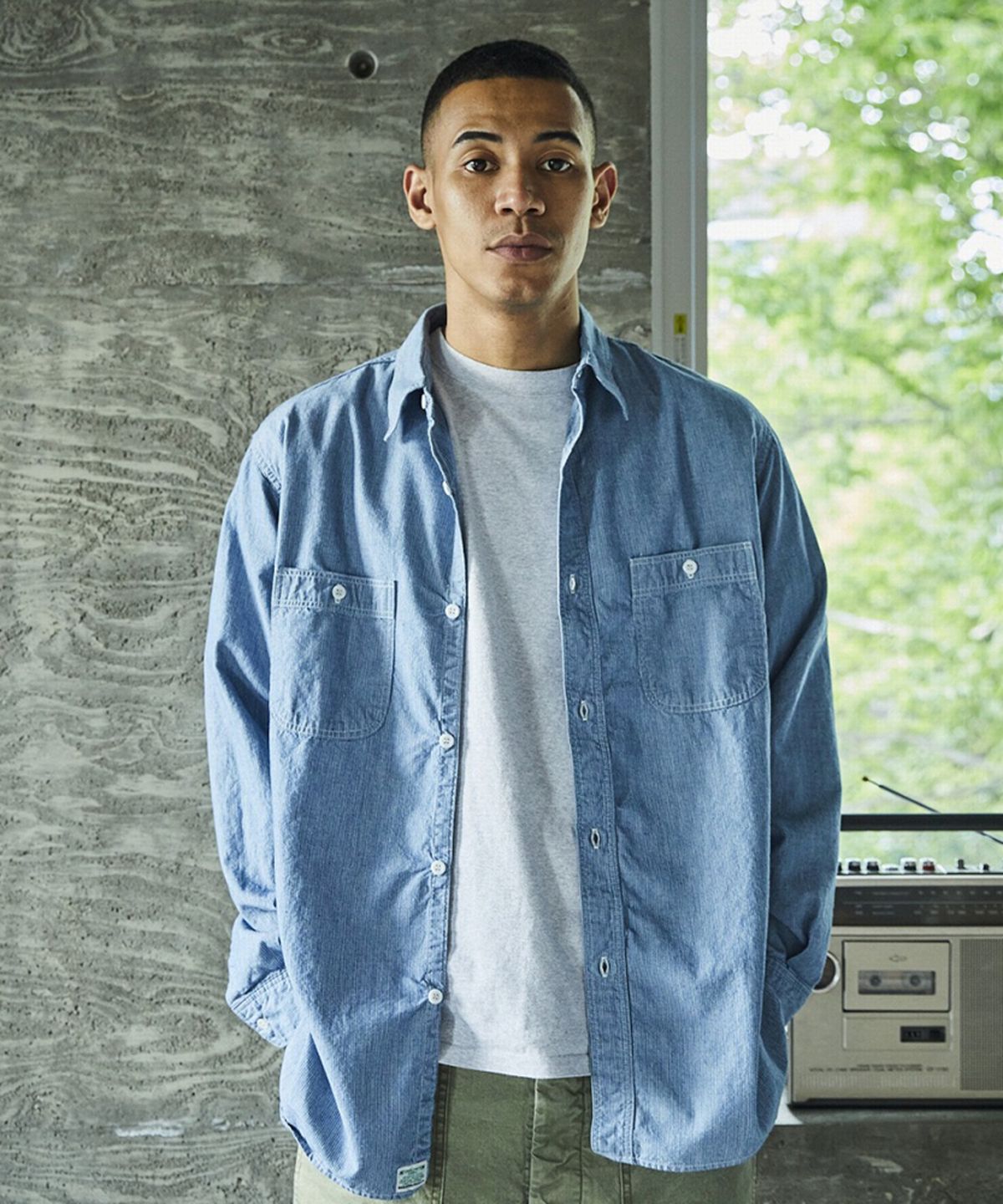 오어슬로우(ORSLOW) (M) RELAX FIT STRIPE CHAMBRAY WORK SHIRT (HICKORY 181)