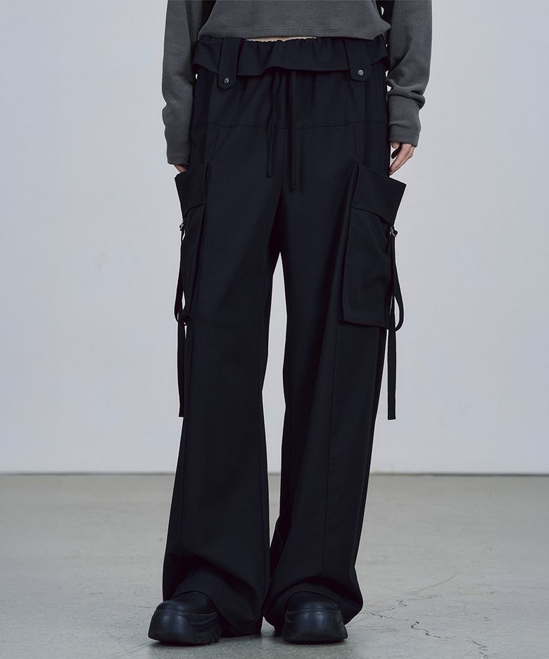 FOLDED WAIST WIDE PANTS [BLACK]