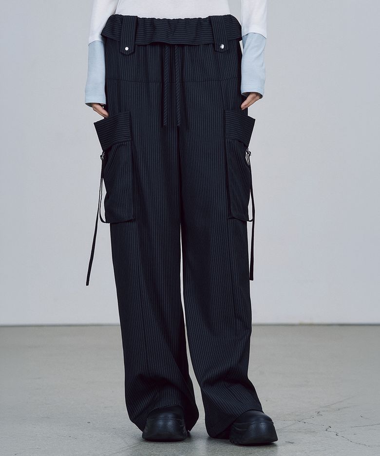 FOLDED WAIST WIDE PANTS [NAVY]
